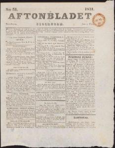 Aftonbladet Torsdagen den 3 Mars 1831