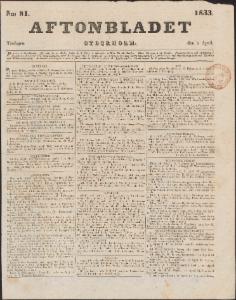 Aftonbladet Tisdagen den 9 April 1833