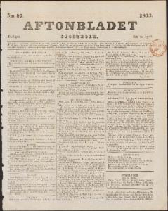 Sida 1 Aftonbladet 1833-04-16