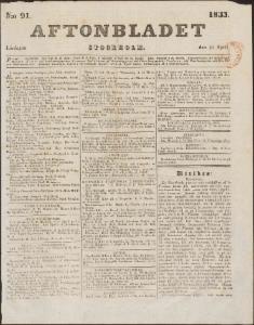 Aftonbladet Lördagen den 20 April 1833