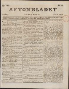 Aftonbladet Torsdagen den 22 Augusti 1833