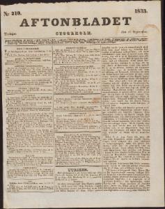 Aftonbladet Tisdagen den 10 September 1833