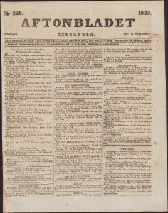 Aftonbladet Lördagen den 21 September 1833