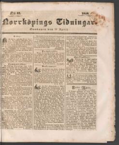 Sida 1 Norrköpings Tidningar 1840-04-22