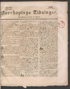 Sida 1 Norrköpings Tidningar 1840-06-27